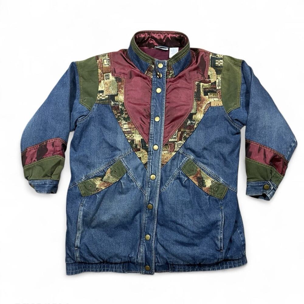 Vintage Blair Denim Patchwork Jacket XL Aztec Tapestry Snap Front